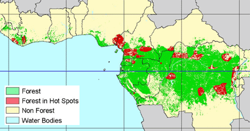 Locations of the hot spot areas around the tropics (Central and West Africa subset)