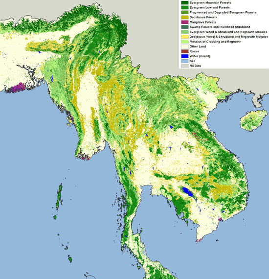 Forest Cover Map of Continental Southeast Asia<br/>(Extent: 88ºE - 111ºE, 5ºN -30ºN,Geographic Projection, WGS84)