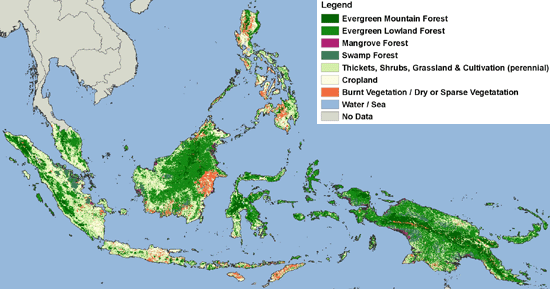 Forest Cover Map of Insular Southeast Asia<br/>(Extent: 94ºE - 155ºE, 20Nº - 12ºS, Geographic Projection, WGS84)