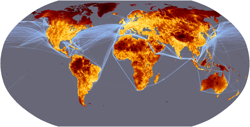 Map of land based travel time and shipping lane density